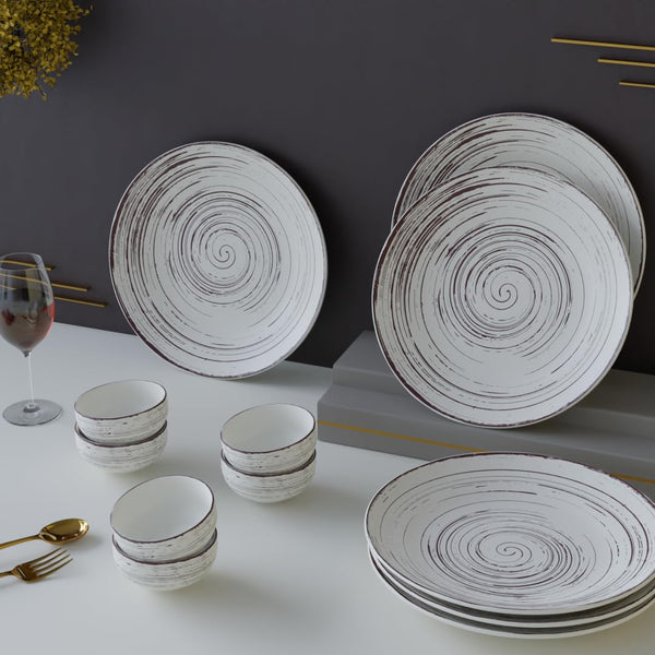 Brown Spiral Ceramic Dinner Set 12 Piece for Family of 6